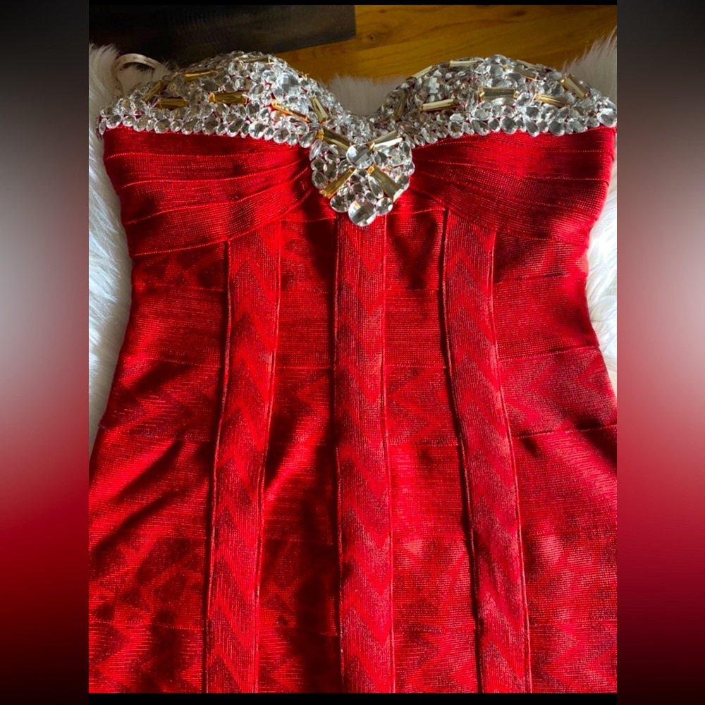 Herve Leger Crystal-Embellished Red Strapless Bandage Holiday Dress